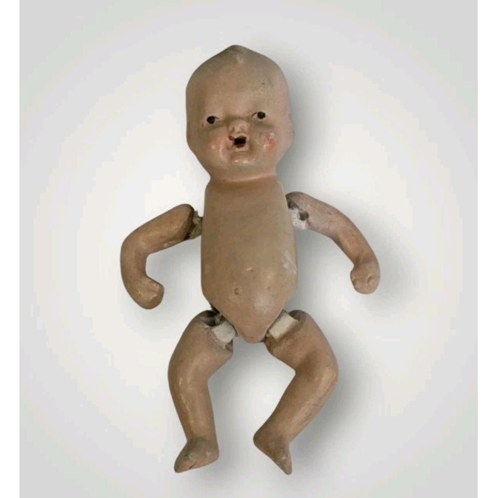 Bisque Jointed Doll Japan Stamped Stringed Baby Miniature Mouth Porcelain Vtg 4"